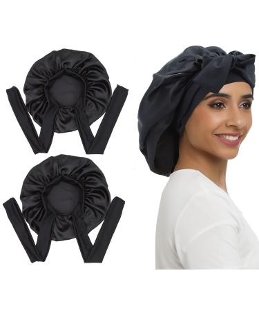 2 Pieces Large Satin Bonnet Silk Braid Bonnet Sleep Cap with Tie Band for Women Curly Braids  Dreadlocks  Long Hair 2 Black