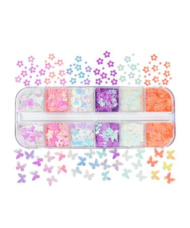 12 Grids Flowers Nail Art Sequins Fluorescent 3D Nail Glitter Flakes Design Mermaid Color Butterfly Flowers Glitter Sequins for Women Nail Decoration Plum Blossom Nail Decal DIY Acrylic Nail Supplies