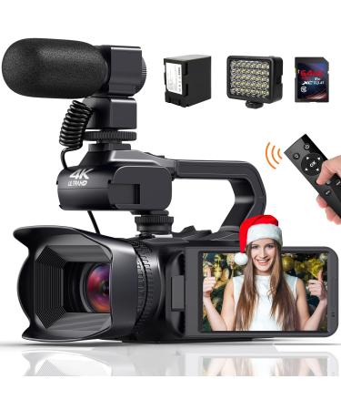 Video Camera Camcorder, 4K Video Camera for YouTube Auto Focus 64MP 60FPS 4.0" Touch Screen 18X Zoom Digital Camera with WIFI, Microphone, Handhold Stabilizer, 64G SD Card, Fill Light, Remote Control Black 01