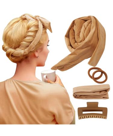 PandyCare Heatless Hair Curler Headband Overnight Heatless Curls Headband Curlers Curling Set No Heat Hair Curlers to Sleep in - Made of 100% Combed Cotton For Medium & Long Hair - Khaki