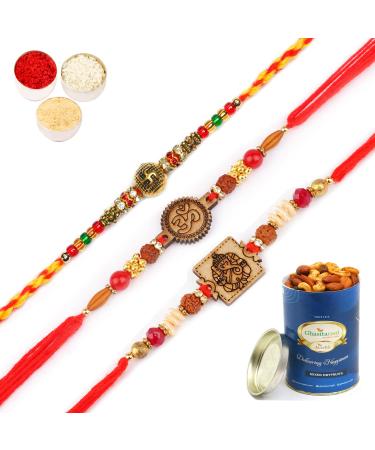 Ghasitaram Gifts Rakhi for Brother Rakhis Online - Set of 3-2035 2033 2147 Rakhi Threads with 100 GMS of Dryfruits Mix Can