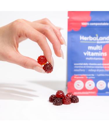 Herbaland Vegan Multivitamins Gummies for Adults - 90 Count Sugar-Free Organic Supplement with 13 Essential Vitamins - Vitamin A, C, D3, E, B6, B12, Zinc - Mixed Berry Flavor - Buy Online on GoSupps.com