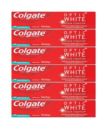 Colgate Optic White Teeth Whitening Toothpaste, Stain Fighter, Fresh Mint Gel, Travel Size (2 oz) - Pack of 6