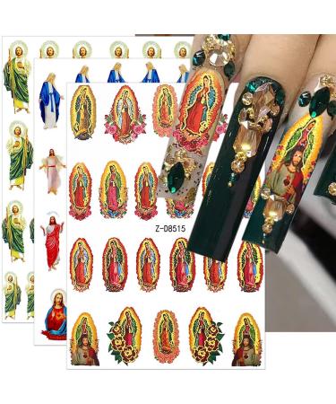 Dornail 6 Sheets Bronzing Virgin Mary Nail Stickers  3D San Judas Tadeo Nail Art Stickers Jesus Nail Decals San Judas Nail Sticker Self-adhsive Stickers for Nails Religious Nail Design Nail Supplies