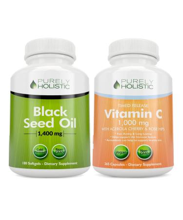 Purely Holistic Black Seed Oil 1400mg + Vitamin C 1000mg - 180 Softgels + 365 Capsules - Immune Bundle - Easy to Swallow - Made in USA