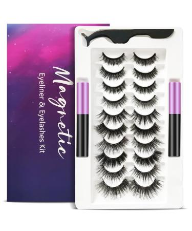 Magnetic Eyelashes Kit 10 Pairs Reusable Magnetic Lashes False Eyelashes Natural Looking with Tweezers & 2 Tubes of Magnetic Eyeliners No Glue Needed Easy to Wear Purple