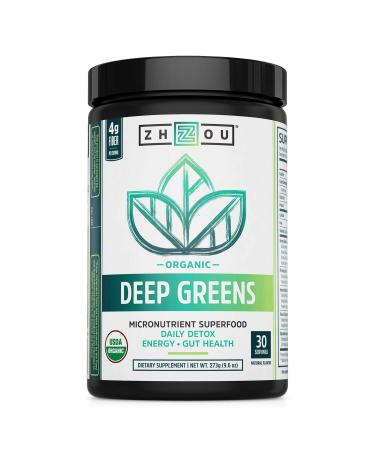 Zhou Deep Greens | Organic | Morning Complete Prebiotic Probiotic Powder | Green Blend of Wheatgrass Spirulina and Maca Powder | 9.6 oz 30 Servings