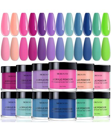 Morovan Nail Acrylic Powder Set - 12 Colors Acrylic Nail Powder Professional Nail Powder Polymer Kit for Beginners DIY Acrylic Nail Extension Carving B-Green Purple Blue Pink