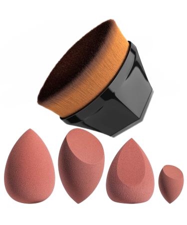 JPNK Foundation Makeup Brush with 4 Makeup Sponges Latex-free for Blending Liquid, Cream or Flawless Powder Cosmetics Brown