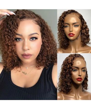 Brown Curly Bob Wig Human Hair Glueless Wigs Deep Wave Lace Front Wigs Human Hair Pre Plucked Chocolate Brown Lace Front Wigs for Black Women 13x4 Transparent Lace Frontal Wig 180% Density 12 Inch Brown Color 13x4 Lace F...