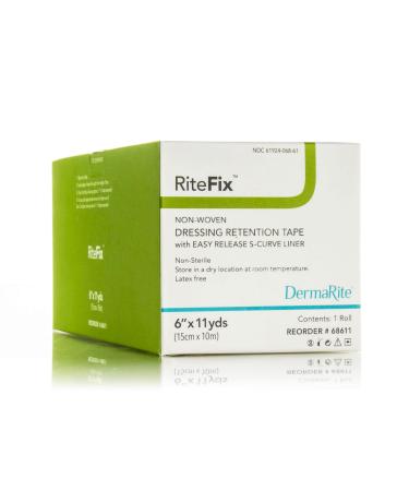 RiteFix Non-Woven Dressing Retention Tape - 6 x 11 yds - with Easy Release S-Curve Liner for Convenient Application  Moisture and Air Permeable  Hypoallergenic Adhesive  Non Sterile  Latex Free 4 x 5