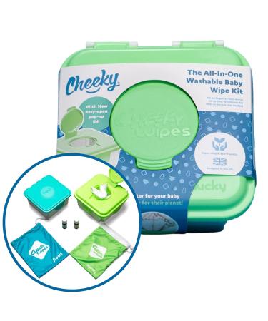 Cheeky Wipes Reusable Baby Wipe Kit - 25 Washable Bamboo Terry Cloth Wipes 15x15cm with Fresh soaking box Mucky soaking box & Fresh and Mucky essential oil soaking solutions 10ml (Lav & Cham Teatree & Teatree Lemon) Bamboo (White)