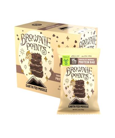 Earth Fed Muscle Brownie Points Chocolate Brownie Grass Fed Whey Protein Bars | 15g Protein Snack | Gluten Free Non-GMO All-Natural Clean Energy | 2.12 oz Bars (10 Count)