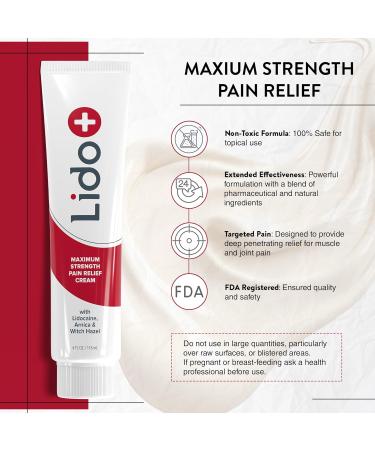 Lido+ Lidocaine Cream | Maximum Strength Pain Relief Cream 4% | 4oz + 4 Sachets | Natural Ingredients for Joint & Muscle Pain | Made in USA - Buy Online on GoSupps.com