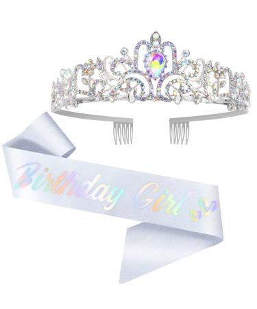 Birthday Crowns for Women  Unique Typeface Birthday Girl Sash  Premium Metal Headband Tiaras for Women Bday Happy Birthday Party Decorations (White Glitter)