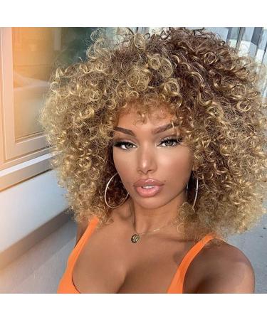 Xinran 14 inch Blonde Curly Wigs 70s  Kinky Brown Mixd Blonde Afro Wigs for Black Women  Synthetic Afro Curly Blonde Wigs for Women (Brown to Blonde) Blonde Mixed Brown