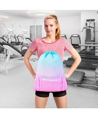 Nidoul Mesh Drawstring Beach Bag with Zipper Pocket - Pink Blue | Ideal for Swimming, Gym & Storage | Adult Kids - Buy Online on GoSupps.com