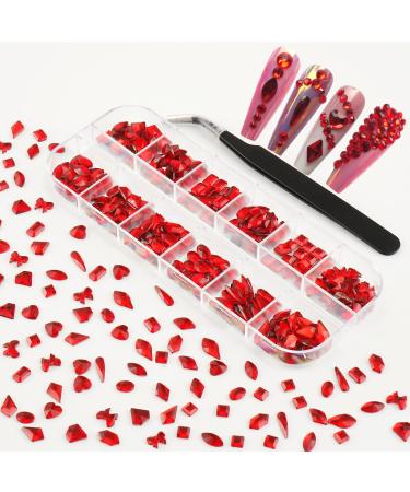 Red Rhinestones for Nails Ailipu 240Pcs Multi Shapes Crystals for Nails Red Stones for Nails  241 Piece Set Red-240pcs