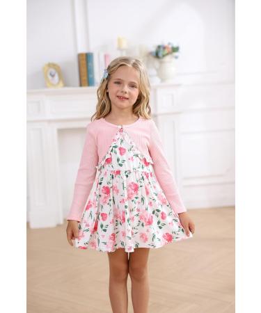 Puseky Toddler Girl 2 Piece Floral Dress and Cardigan Set - Size 5-6 Years, Pink - Buy Online on GoSupps.com