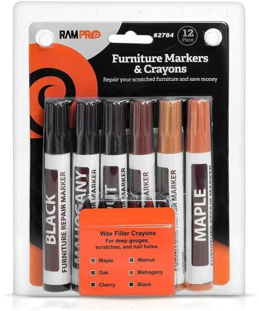 Furniture Markers Touch up  12 Piece Furniture and Wood Floor Markers and Crayons Repair Kit - 6 Felt Tip Wood Markers  6 Wax Crayons in Black  Maple  Oak  Cherry  Walnut and Mahogany - By Rampro Set of 12 - Buy Online on GoSupps.com