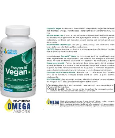 Platinum Naturals Easymulti Vegan 60 Vegan Liquid Capsules Complete Multivitamin for Men & Women Includes Omega 3 Flaxseed Oil Enriched with Vitamin B1 B2 B3 B5 B6 B12 C Iron & Zinc 60 count (Pack of 1) - Buy Online on GoSupps.com