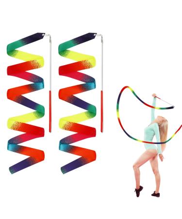 2PCS Dance Ribbons, 78.7 Inch Rhythmic Gymnastics Ribbon, Colorful Dance Ribbon with Dancer Wand, Rainbow Dancing Ribbon Streamers for Kids Adults Artistic Dancing Training Party Favor