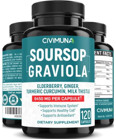 Soursop Graviola Extract Capsules | 9450mg | 120 Capsules - 4 Months Supply | Graviola Elderberry and Turmeric Curcumin