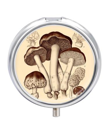 Round Pill Box Vintage Mushrooms Drawing2 Print 3 Compartment Medicine Pill Case Print Pill Organizer Decorative Metal Portable Pill Box Pocket Pill Box Style-36
