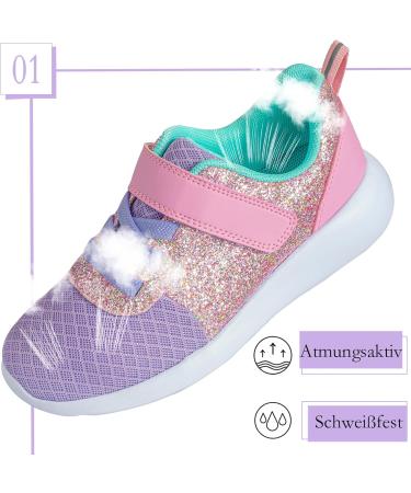 Girls Glitter Sneakers - Comfortable Sports Shoes for Kids | Velcro Fastener | 23 EU Violet Pink - Buy Online on GoSupps.com