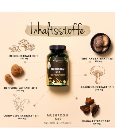 Mushroom Complex - 6 Vital Mushrooms (Reishi Cordyceps Shiitake Chaga Hericium Agaricus) | Vegan & Pure | Beta-Glucane + Polysaccharide | Laboratory Tested | German Quality by Vegavero | International Shipping - Buy Online on GoSupps.com