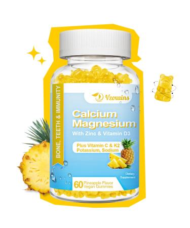 High Absorption Calcium Gummies Sugar Free Calcium Magnesium Gummies with Vitamin D3 for Men and Women Pineapple Flavor 60 Cts Pineapple 60 Count (Pack of 1)