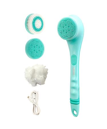 Blushly Rechargeable Exfoliating Body Brush  with 3 Cleansing Brush Heads  Body Brush for Showering  14 inches Turquoise