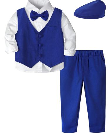 mintgreen Baby Boys Blazers Suit 5pcs Wedding Clothes Shirt + Trousers + Waistcoat + Bowtie + Cap Outfits 1-4 Years Solid Blue 12-18 Months