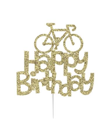 LissieLou Happy Birthday Cake Topper Glitter Card with Bicycle Decoration - Gold