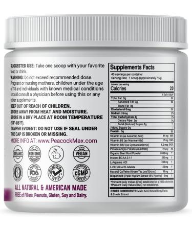 Peacock Max Super Beets Nitric Oxide Booster with Vitamins B12 B3 C - 300g (10.6 oz) - Buy Online on GoSupps.com