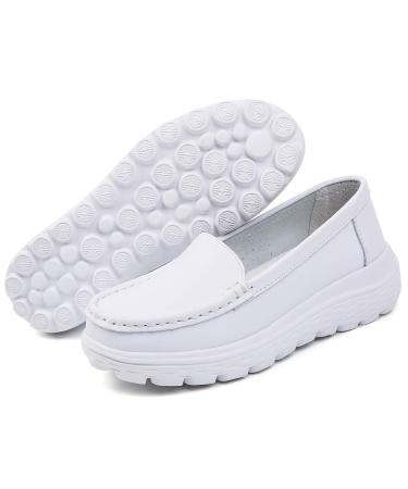 ZYEN Women's Nursing Shoes Comfortable Walking Slip On Nurse Restaurant Work Lightweight Leather Loafers 8 866 White