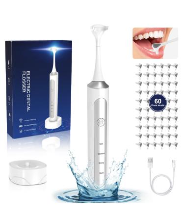 Reusable Electric Flosser for Adults & Kids with 4 Speeds Rechargeable Vibration Flosser/Tongue Scraper/Cleaner Electric Dental Floss with 4 Speeds + 60 Replacement Heads Wireless Charging Base