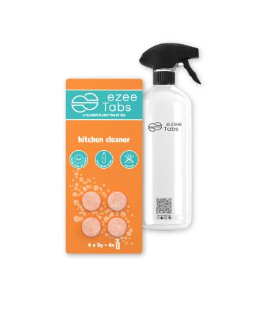 EzeeTabs Kitchen Cleaner - Cleaning Tablets for Microplastic-free Biodegradable and Vegan Cleaning Products - 4 x Cleaner with Degreasing Power and 1 x Reusable Bottle
