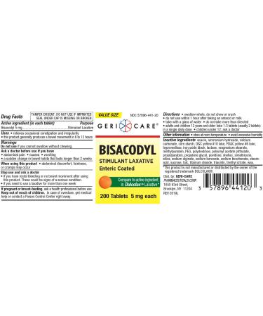 GeriCare Bisacodyl 5mg Stimulant Laxative - Fast-Acting Constipation Relief 200 Count Enteric Coated Tablets for Regular Bowel Movements - International Shipping Available - Buy Online on GoSupps.com