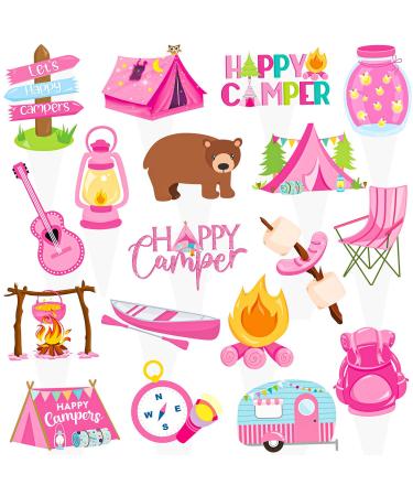 Happy Camper Cupcake Toppers 48Pcs Pink Camper Themed Cupcake Toppers Happy Camper Birthday Decoration Camping Party Cake Picks for Camper Theme Baby Shower Supplies