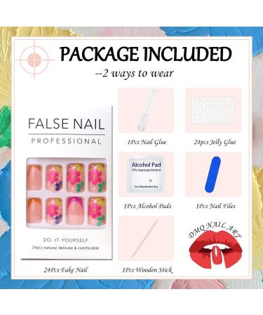 Hot Pink French Flower Press on Nails - 24Pcs Full Cover False Nails with Glue for Women & Girls | Square Stick on Nails - Buy Online on GoSupps.com