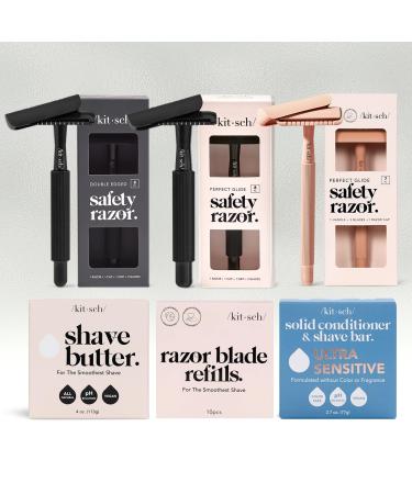 Kitsch Double Edge Safety Razor - Reusable Razor for Men & Women Includes 5 Refills Extra-Long Handle Silicone Cap - Perfect Travel Essential in Black - Buy Online on GoSupps.com