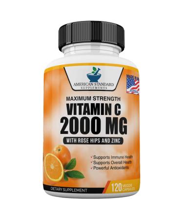 Vitamin C 2000mg with Zinc 40mg Per Serving and Rose Hips Extract Immune Support for Adults Immune Booster Vegan Non GMO No Filler No Stearate 120 Vegan Capsules 60 Day Supply