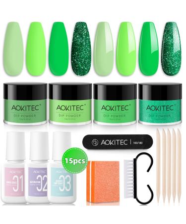 Aokitec 15 pieces dipping powder nails set green glitter dipping powder with dip liquid base active gel dip acrylic nail set for beginners French nails nails make gifts for women multicolored