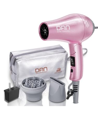 DAN Technology Travel Hair Dryer,Dual Voltage Hair Dryer,Mini Blow Dryer with Concentrator,Small Hair Dryer with Diffuser,European Hair Dryer with European Plug,Pink Blow Dryer for Women