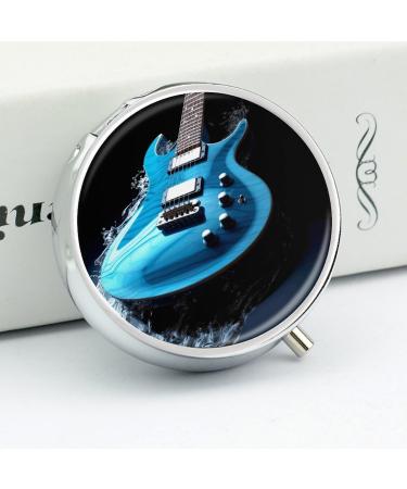 Decorative Round Pill Box - Blue Guitar Print 3 Compartment Metal Pill Organizer Portable Pocket Case - Buy Online on GoSupps.com