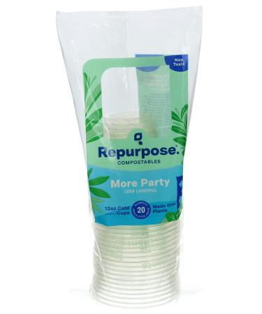 Repurpose Compostable Plant-Based Clear Cold Cup, 12 Ounce Party Cups, 20 Cups