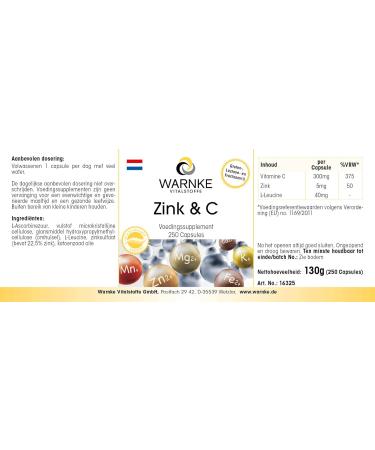 Zinc and vitamin C 300 mg - vitamin C - 5 mg zinc - 250 capsules - Vegetarian | Warnke Vitalstoffe - Quality from German pharmacies - Buy Online on GoSupps.com