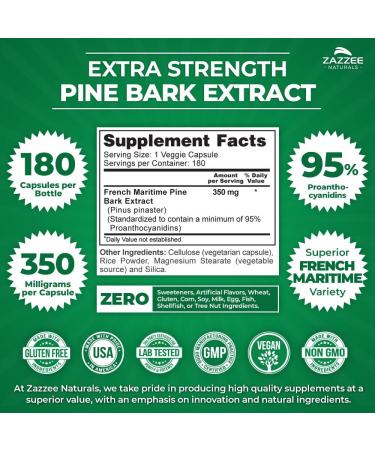 Zazzee Extra Strength French Maritime Pine Bark Extract | 350mg | 180 Vegan Capsules | 95% Proanthocyanidins | 6 Month Supply | Non-GMO - Buy Online on GoSupps.com