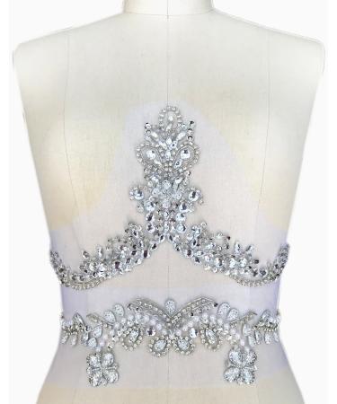 Handmade Silver V-Neck Sequin Rhinestone Crystal Trim Bridal Applique - DIY Wedding Dress Sewing Patch - Buy Online on GoSupps.com